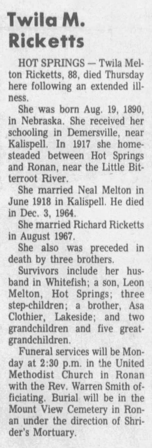 Obituary for Twila Melton Ricketts (Aged 88)